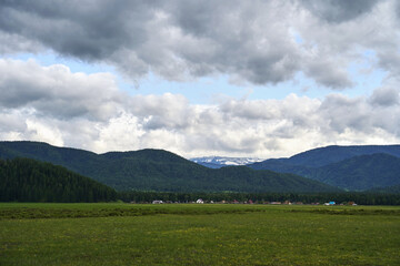 Vacation landscape. Russian Altai mountains. Multa region. Holiday at home. Staycation concept. Long distanse road. Reduce carbon footprint. Sustainable lifestyle. Holiday trail. Local travel