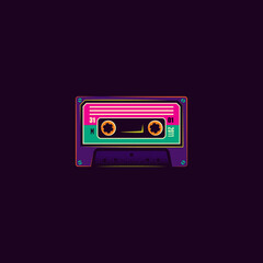 Vintage music cassette with magnetic film in neon style. Original vector illustration.	