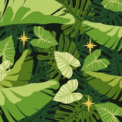 Vector image with tropical leaves. Monstera, philodendron and banana leaves on a dark background. Small lights decorate the rainforest. 