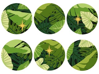 Naklejka premium Template for highlighting social media covers with tropical leaves. Monstera, Philodendron and Banana Leaves. Round badges. 