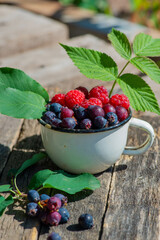 raspberries and irgi berries in a cup. High quality photo