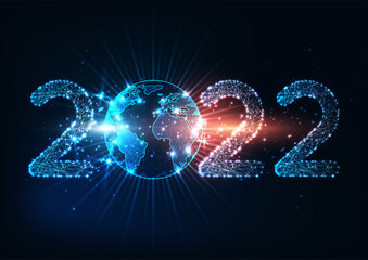 Futuristic New Year digital web banner template with glowing low polygonal 2022 number and planet earth globe