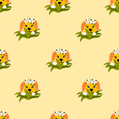 Obraz na płótnie Canvas Creative funny cute seamless pattern with a portrait of a dog in a flowers. For printing baby textile, fabrics, design, decor, gift wrapping, paper, baby shower, greeting card, notepad, scrapbooking.