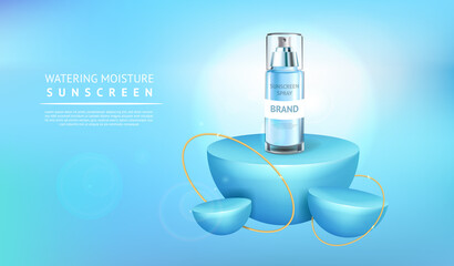 Cute cosmetic product ad with transparent circle disks on light blue background. Concept of light textured sunscreen advert. Website, web page, landing page template. Flat cartoon vector illustration