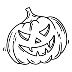 Halloween pumpkin with a carved face linear vector icon in doodle sketch style
