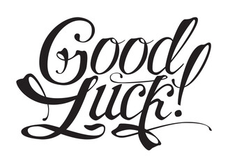 "Good Luck!" Hand Written Lettering. Vector Illustration. Isolated Black Letters on White Background.