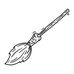 Witch's Broom Halloween linear vector icon in doodle sketch style