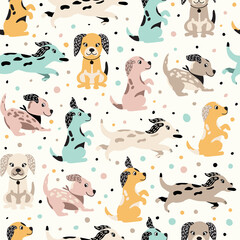 Cartoon colorfull funny cute seamless pattern with a dog on background dots. For printing baby textile, fabrics, design, decor, gift wrapping, paper, baby shower, greeting card, notepad, scrapbooking.