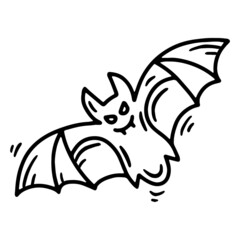 Bat with fangs Halloween linear vector icon in doodle sketch style