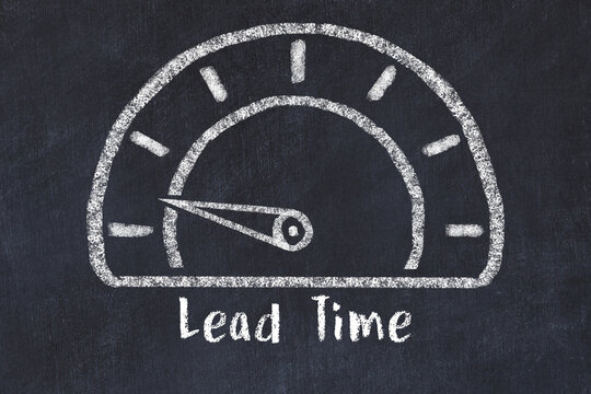 Chalk sketch of speedometer with low value and iscription Lead Time. Concept of low logistics KPI