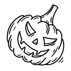 Halloween pumpkin with a carved face linear vector icon in doodle sketch style