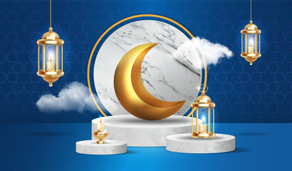 Cute islamic podium with fluffy clouds, gold crescent moon and lanterns hanging on dark blue background. Horizontal islamic banner template for product presentation. Flat cartoon vector illustration