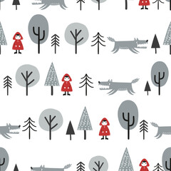 Seamless Red Riding Hood fairy tale pattern. Little girl and wolf in the woodland.