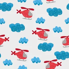 Schilderijen op glas Seamless pattern with doodle helicopters and clouds for kids. Choppers vector illustration © Afanasia