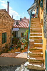 A narrow street in Nemi, a medieval town overlooking a lake in the province of Rome, Italy.