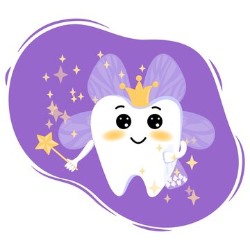 Cute cartoon tooth fairy with a magic wand and wings with magic stars. Tooth fairy in a flat style. Lilac, gold, white color. Tooth fairy on white background for concept design.