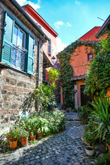 A narrow street in Nemi, a medieval town overlooking a lake in the province of Rome, Italy.
