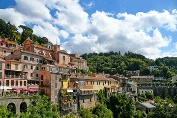 Fototapeta premium Panoramic view of Nemi, a medieval town overlooking a lake in the province of Rome, Italy.