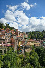 Panoramic view of Nemi, a medieval town overlooking a lake in the province of Rome, Italy.