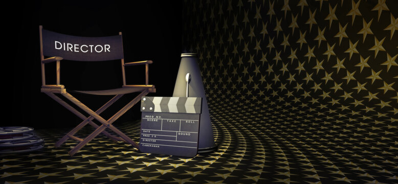 Cinema stars director`s chair, template. Classic movies 3D illustration, background concept.
