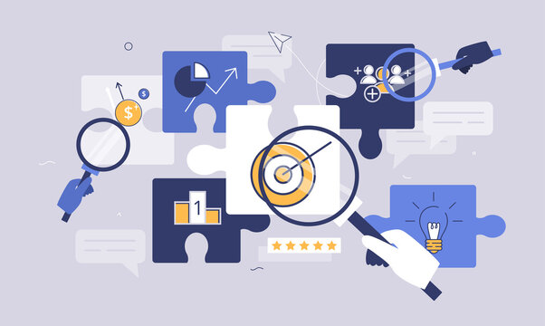 Business elements with puzzle parts as successful target aim results. Company goal achievement after precise, efficient and planned work strategy. Profit growth. Flat cartoon vector illustration