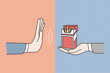 Refusal from smoking cigarettes concept. Human hand saying no making refusal sigh from block of cigarettes and smoking vector illustration 
