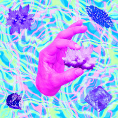 Contemporary minimal art collage. Hand and crystals in surreal space.