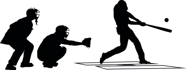 Baseball catcher, batter and umpire in ready position to playing. Baseball Home Plate umpire, catcher, batter at work on baseball field detailed realistic silhouette