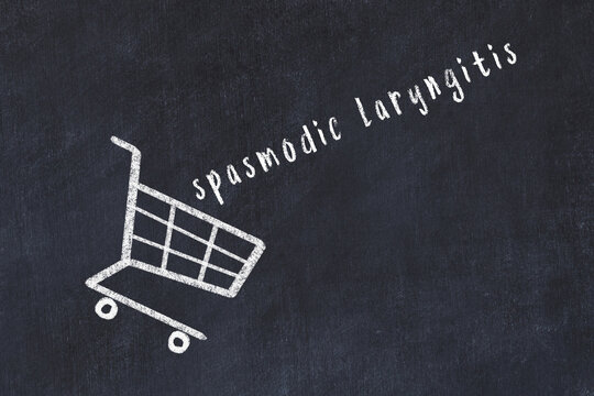 Chalk drawing of shopping cart and word spasmodic laryngitis on black chalboard. Concept of globalization and mass consuming