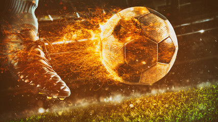 Close up of a soccer scene at night match with a soccer shoe kicking a fiery ball with power