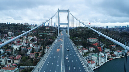 Istanbul Bosphorus Bridge, 15 July Martyrs Bridge from Sky Aerial view. suspension bridge vehicle traffic  