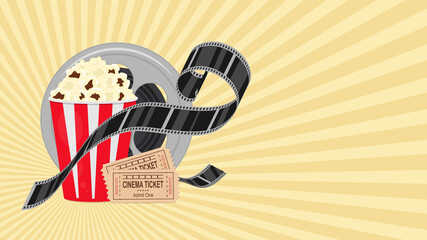 Cinema background with rays. Popcorn, film, tickets. Vector illustration.