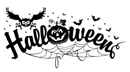 Halloween black and white poster with horror elements.  Cartoon pumpkin, owl, bat, spider for decoration greeting card. Vector on transparent background