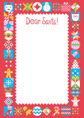Christmas letter to Santa with frame of simbols deer, snowman, gingerbread, angel, snowflakes and copyspase. Kids christmas letter design. Template for notebook, planner, greeting card