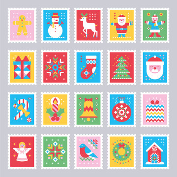 Christmas stamps collection with flat simbols Santa, deer, snowman, angel, gingerbread, sock, snowflake, gift in Scandinavian style. Christmas background for greeting card, postal stikers