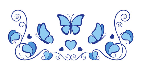 Fototapeta premium Corner plant ornament with butterflies, leaves and hearts is perfect for wedding invitations and gift vouchers