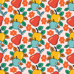 Vector autumn fruits apples and pears seamless pattern.