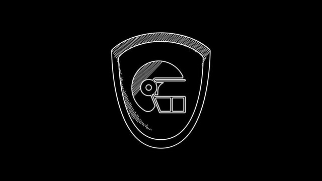 White line American football helmet and shield icon isolated on black background. 4K Video motion graphic animation