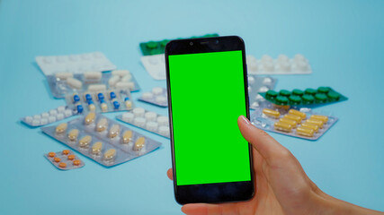 Use phone with Chroma Key Display for Medication Information. Prospectus pills. Using Smarthphone...