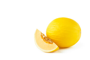 Melon on a white background. Yellow melon on a white isolate. Fresh juicy piece of melon with shadow on a white background. For insertion into a project, design or advertisement