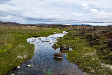 Landschaft mit Lava, Bachlauf, Moose und Flechten im Geothermalgebiet Hveravellir auf Island.