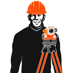 Engineer surveyor in a protective helmet with a geodetic device. Construction optical measuring device. Geodesy and land surveying