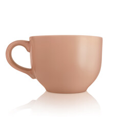 Ceramic cup. Large empty ceramic mug on a white background. Mug with a handle. Brown cup.