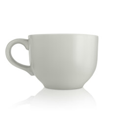 Ceramic cup. Large empty ceramic mug on a white background. Mug with a handle. Gray cup.