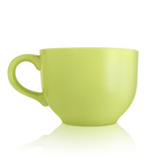 Ceramic cup. Large empty ceramic mug on a white background. Mug with a handle. Green cup.