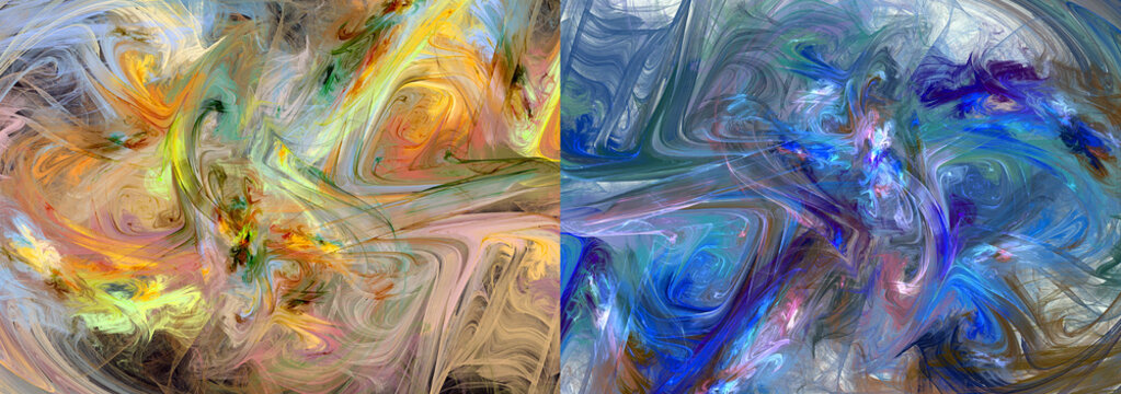 Set of abstract fractal backgrounds with backlit colorful vortex. Imitation of a watercolor painting. Two backgrounds in one. 3d rendering. 3d illustration.