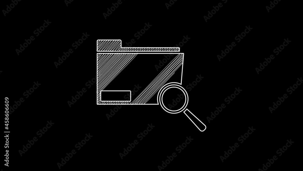 Poster white line search concept with folder icon isolated on black background. magnifying glass and docume