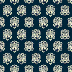 Boho damask seamless repeat pattern. Doodled, vector paisley element all over surface print on dark blue background.