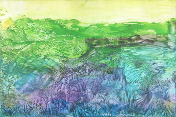 Fantastic landscape, green and purple grass. Encaustic wax art hand drawing. Beautiful illustration, waxy background modern