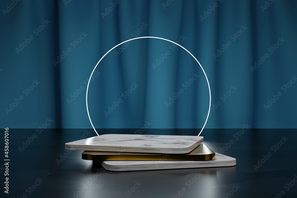 Poster square golden and marble podium for product presentation and neon circle with light blue textile cur